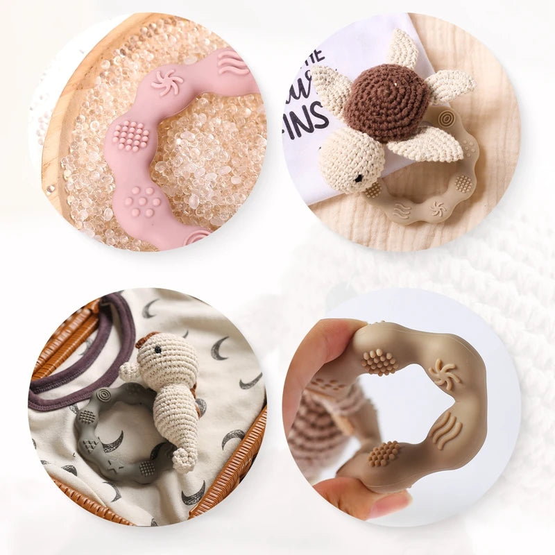 Wooden Baby Rattle Toy – Crochet Turtle Teether Ring
