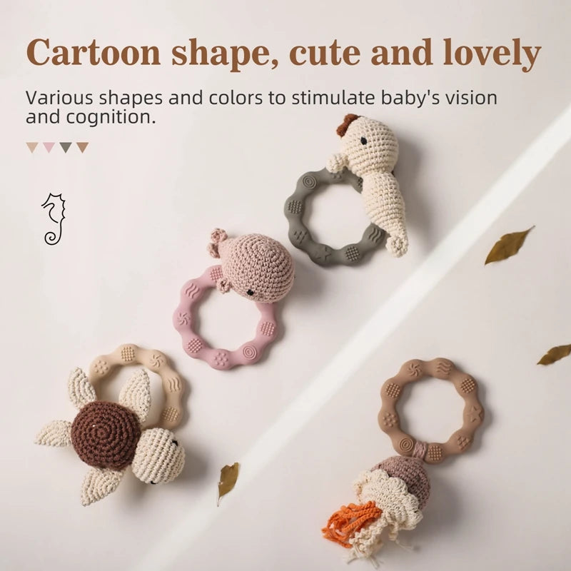 Wooden Baby Rattle Toy – Crochet Turtle Teether Ring