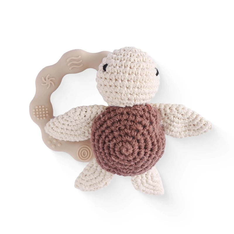 Wooden Baby Rattle Toy – Crochet Turtle Teether Ring
