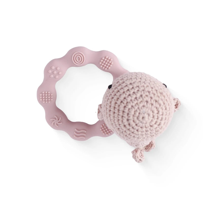 Wooden Baby Rattle Toy – Crochet Turtle Teether Ring
